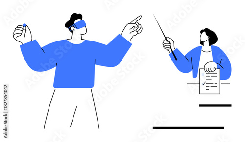 Two individuals engaged in dialogue one gesturing, the other holding a paper and pointing with a stick. Ideal for teamwork, communication, leadership, training, presentation, education