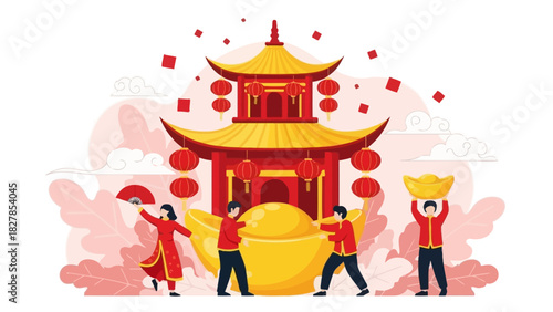 People celebrating Chinese New Year with traditional building, lanterns, and golden ingots.