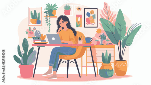 Young Woman Working from Home Comfortably at Desk Surrounded by Indoor Plants
