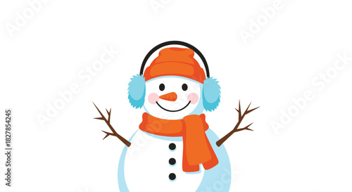 A cheerful cartoon snowman wearing a bright orange hat, cozy blue earmuffs, and a warm orange scarf, smiling happily against a pure white background.