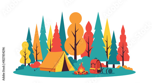 An inviting illustration of a colorful campsite set in a whimsical forest, featuring a cozy tent, crackling campfire, and adventurer's gear.