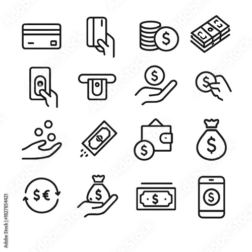 Set of Linear Financial Icons Credit Cards, Coins, Wallets, and Money Symbols for Commerce and Transactions