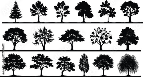 Silhouette tree collection, diverse botanical shapes, natural forest elements, black tree outlines for design, vector foliage set for landscape illustration projects