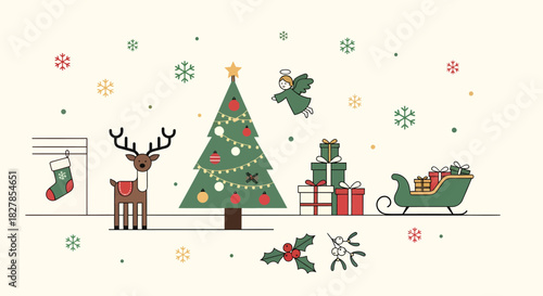 A festive collection of Christmas holiday icons featuring a decorated tree, reindeer, sleigh, and gifts. A flat line art vector illustration for seasonal design