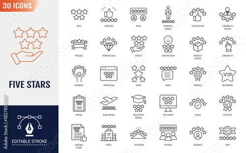 Five star icon set. 5 star, rating, satisfaction, premium, feedback, quality review scores, and more. Editable stroke. Vector illustration
