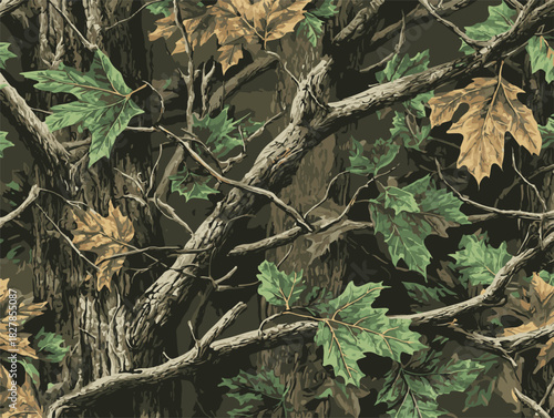 Real tree forest camouflage seamless pattern design pattern for hunting . Hunting camouflage. Woodland Nature Background