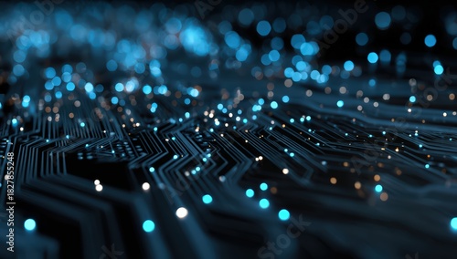 Abstract glowing digital circuits with luminous dots on dark background