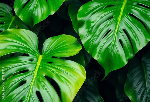 Vibrant green Monstera deliciosa leaf, large fenestrations, lush tropical foliage,   vein,   wallpaper