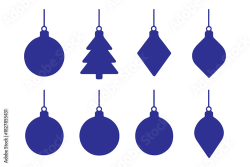 Vector illustration of black hanging Christmas ornaments in various shapes including balls, trees, diamonds, and teardrops for holiday decoration.