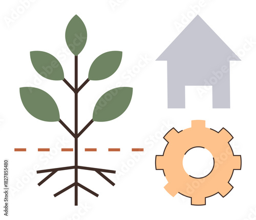Plant with visible roots, a gray house silhouette, and orange gear. Ideal for sustainability, growth, development, housing, innovation ecology planning. Simple flat metaphor