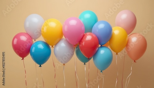 Colorful balloons floating gently against a soft beige background, creating a cheerful and minimal composition perfect for celebration themes