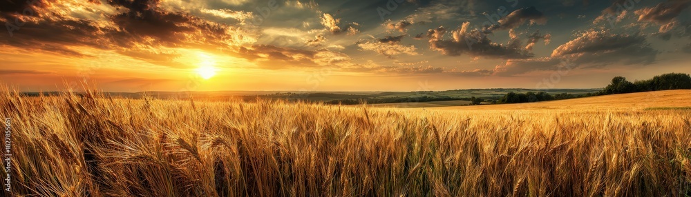 Obraz premium A golden field under a vibrant sunset, showcasing a beautiful landscape with rolling hills and dramatic clouds.