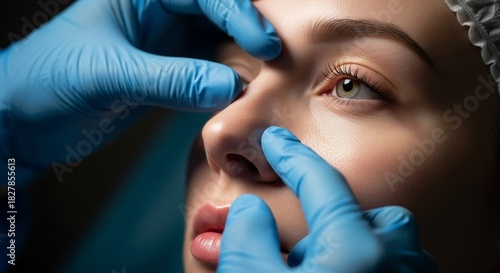 The close-up shot focuses on the nose and eyes of the patient as a plastic surgeon or dermatologist examines her skin.