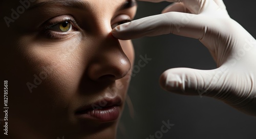 Hands in protective gloves carefully inspect the facial features of a female client, suggesting a beauty or medical procedure.
