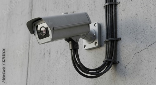 A white bullet-style security camera is mounted on a rough, textured wall with exposed black cables connecting to a junction box.