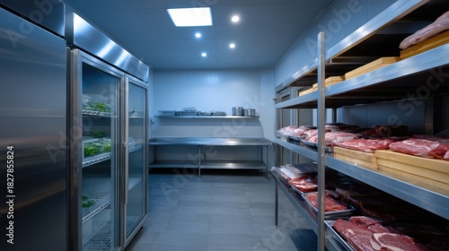 Organized Industrial Cold Room for Halal Storage with Stainless Steel Shelving