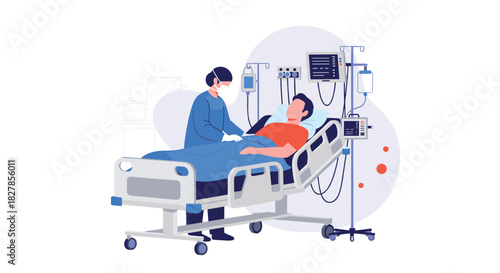 Medical professional in scrubs and mask attending to a patient in a hospital bed surrounded by monitoring equipment.