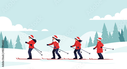 Four cheerful women in santa hats and red coats skiing gracefully across a snowy winter landscape with pine trees.