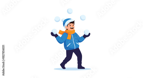 Cheerful boy in warm winter clothing happily juggling three snowballs while more float playfully around him.