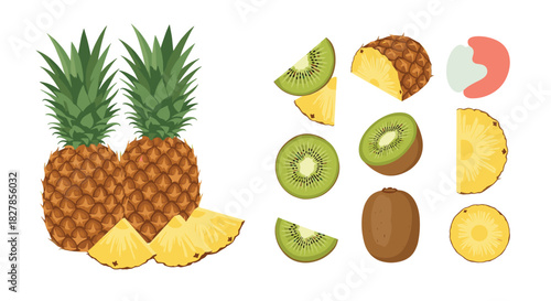 Delicious tropical fruit collection featuring whole pineapples with slices and diverse kiwis whole half and sliced.