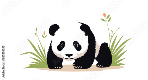 Adorable cartoon baby panda sitting gently on the ground amidst sparse green plants in a natural setting.