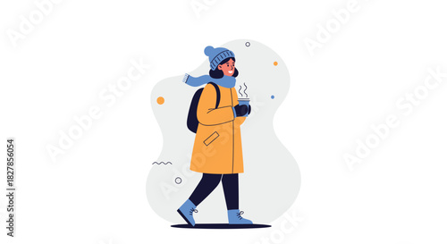 Woman in warm winter clothing walking briskly while holding a steaming cup of hot beverage outdoors.