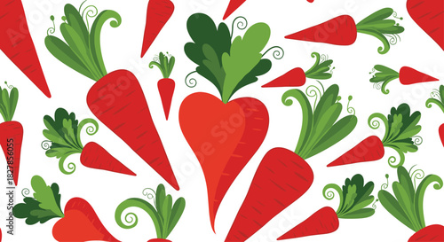 Seamless playful pattern featuring various cartoon carrots some creatively shaped like hearts with green leafy tops.