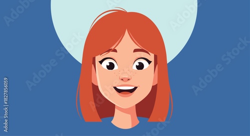 Happy cartoon woman's face with vibrant red hair and cute freckles smiling widely on a cheerful blue background.