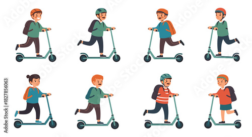 Collection of eight cheerful cartoon boys wearing helmets and backpacks enthusiastically riding kick scooters.