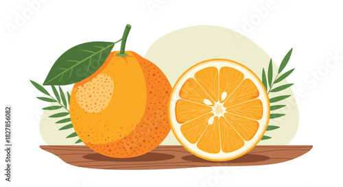 Fresh whole orange and a perfectly sliced half with green leaves arranged beautifully on a rustic wooden board.