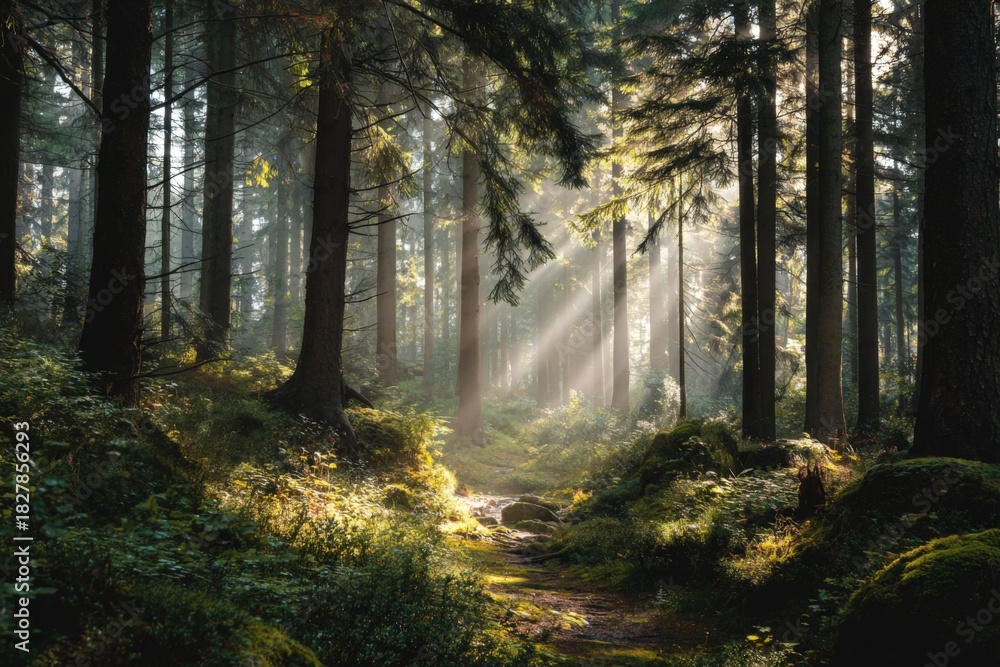 Fototapeta premium Sunbeams pierce a dense forest path, illuminating mossy ground