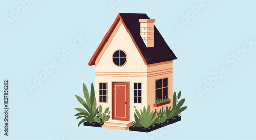 Charming small beige house with a dark brown roof and chimney surrounded by lush green plants on a light blue background.