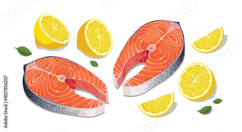 Fresh salmon steaks expertly prepared with vibrant whole and sliced lemons and green aromatic herbs.