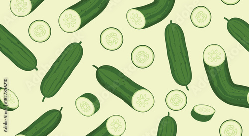 Seamless pattern featuring fresh whole cucumbers and crisp cucumber slices on a soft light green background.