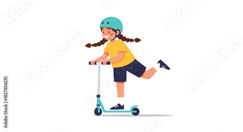 Happy cartoon girl with pigtails wearing a safety helmet joyfully riding a kick scooter with one leg raised.