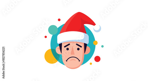 Cartoon man's face wearing a festive red Santa hat with a sad and disappointed expression amidst colorful circles.