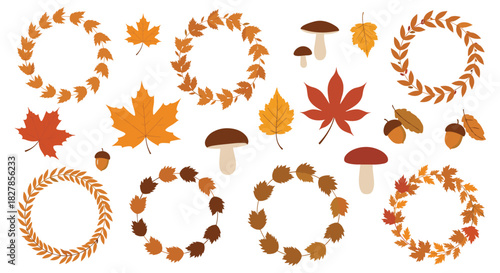 Diverse collection of autumnal elements including various decorative leaf wreaths individual fall leaves mushrooms and acorns.
