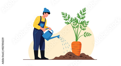 Male farmer in overalls and a knitted hat carefully watering a large carrot plant with a blue watering can.
