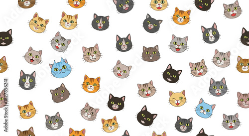 Seamless pattern featuring an array of adorable cartoon cat faces with diverse expressions and colors on a clean white background.