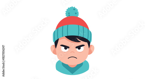Cartoon boy's face wearing a red and teal knitted winter hat with an angry and disgruntled expression.