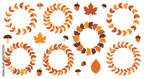 Collection of autumnal elements featuring various circular leaf wreaths mushrooms and acorns perfect for fall decorations.