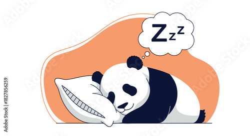 Adorable cartoon panda bear peacefully sleeping on a soft white pillow with "Zzz" thought bubbles indicating dreams.