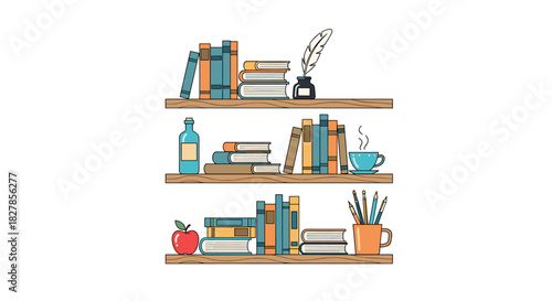 Three organized wooden bookshelves filled with various books a quill and ink hot coffee and art supplies creating a cozy reading nook.