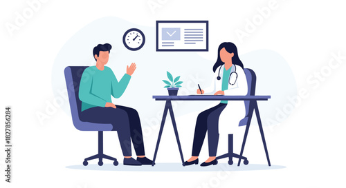 Professional female doctor in a white coat consulting with a male patient in her office discussing health concerns.