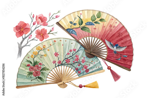Traditional Chinese Paper Fan Watercolor vector illustration 