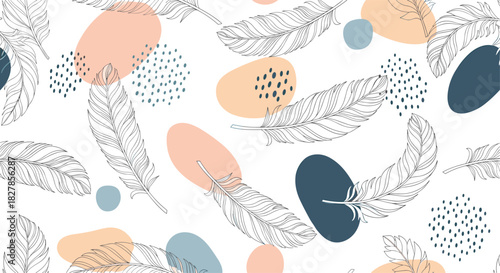Artistic seamless pattern featuring delicate line art feathers interspersed with abstract organic shapes in soft pink blue and black.