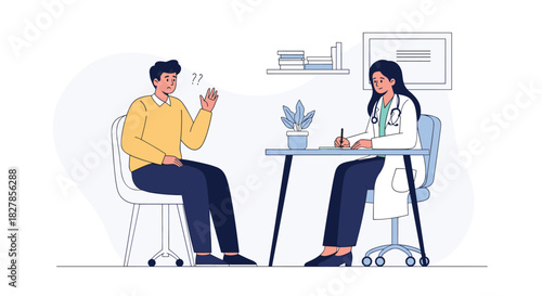 Confused male patient asking questions to a female doctor in her office during a medical consultation at the clinic.