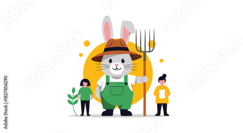 Whimsical cartoon rabbit farmer in overalls and hat holding a pitchfork alongside two tiny human assistants in a farm scene.