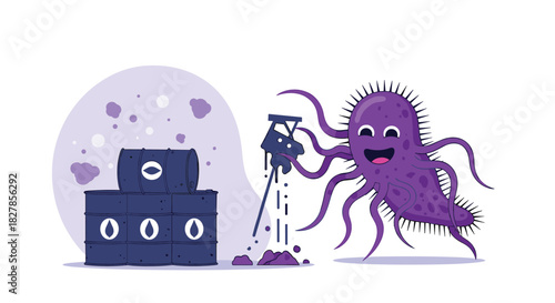 Happy cartoon microbe spraying liquid onto stacked oil barrels in a polluted environment concept for bioremediation.