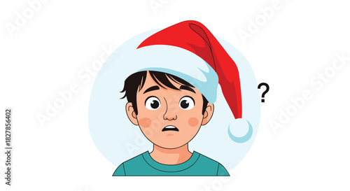 Confused young boy wearing a festive Santa hat with a question mark next to his head enclosed within a light blue circle.